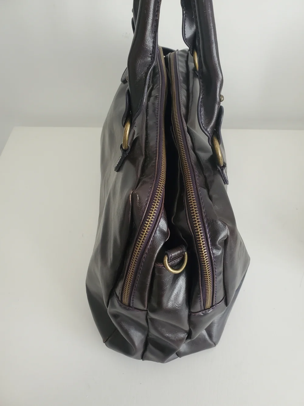 Aldo Dark Brown Glossy Vegan Leather Satchel - Picture 5 of 9